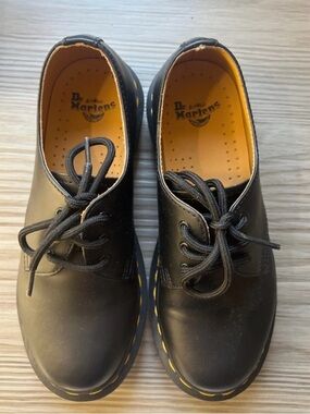 Dr. Martens Black 3-Eye Lace-Up Shoes with Yellow Stitching